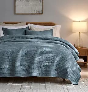 PALASSIO Striped Blue Grey 100% Cotton Quilt California Cal King Size Bedding Sets, Oversized Lightweight Channel Pick Stitch Textured Bedspread Soft Farmhouse Country Coverlet for All Season, 2 Shams
