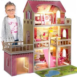 KinderplayGreen GS0020 Doll's House Barbie House Dream House Wooden Doll's House Led Light Accessory Set Garage Patio Large