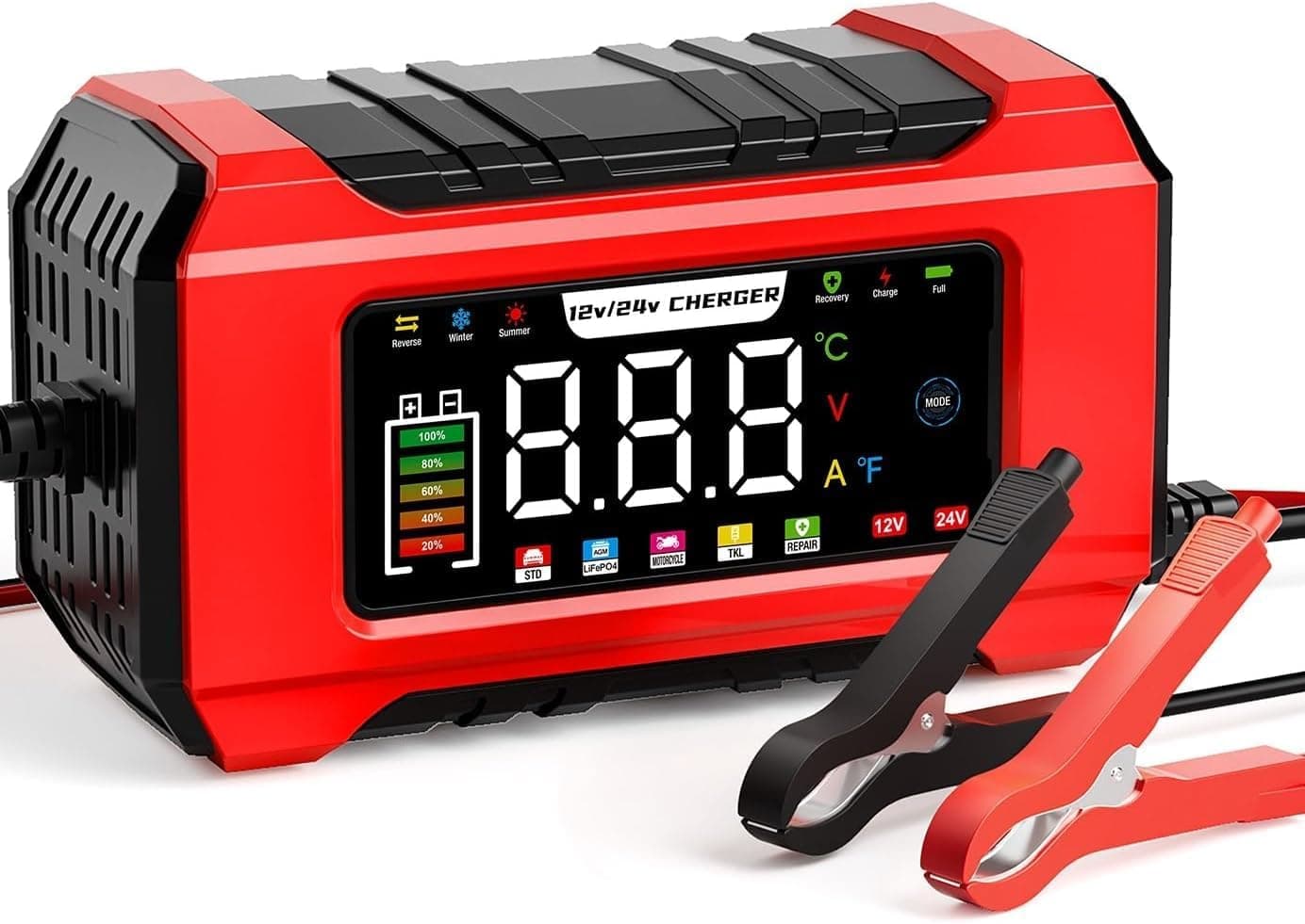 15A Car Battery Charger, 12V/24V Intelligent Car Battery Charger with 9-Stage Charge, LCD Screen for Car, AGM, Gel Lead Acid Batteries and LiFePO4 Batteries